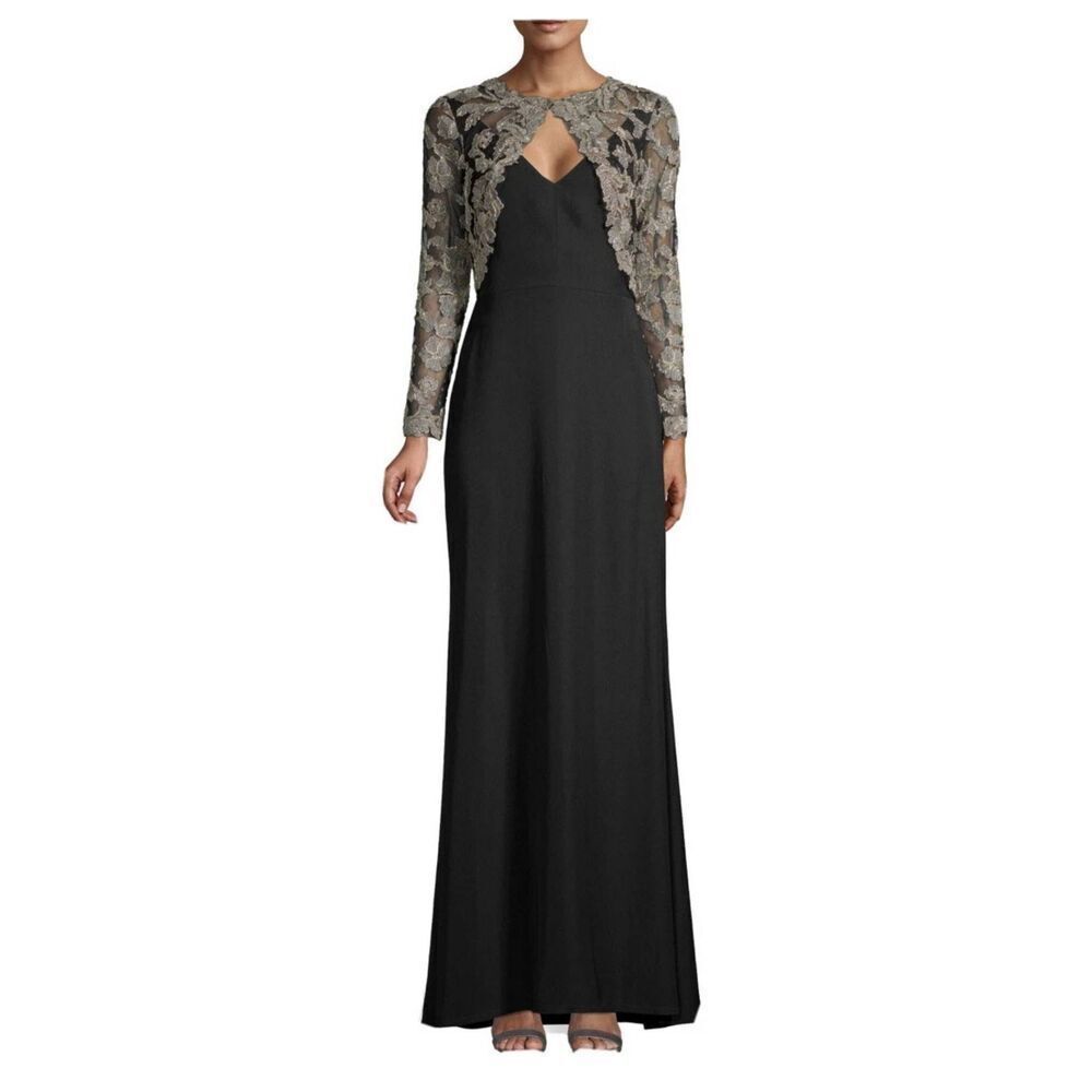 Tadashi Shoji Darya Black, gray,‎ and gold Embroidered Lace Crepe Stretch Gown
